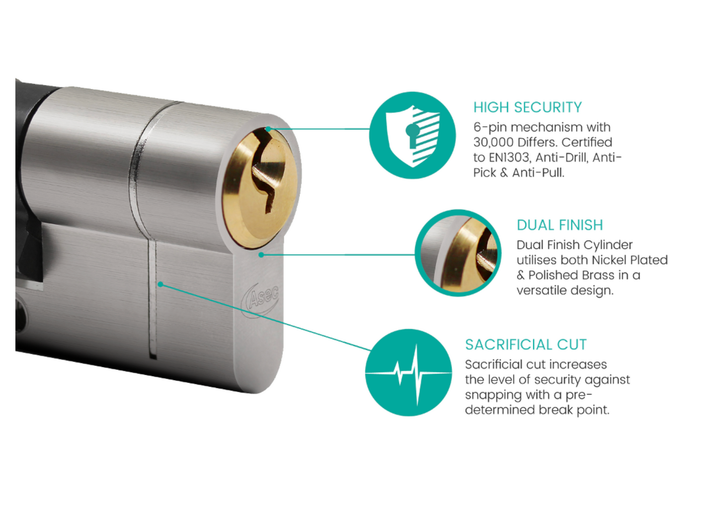 ASEC Vital 6 Pin Double Euro Dual Finish Snap Resistant Cylinder