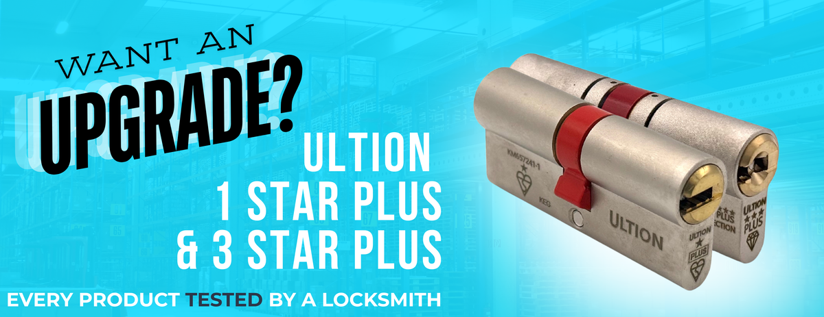 Promotional graphic for an ULTION lock cylinder upgrade, showing two silver cylindrical lock cylinders with red bands and brass keyholes on a bright blue background with text reading 'WANT AN UPGRADE? ULTION 1 STAR PLUS & 3 STAR PLUS'.