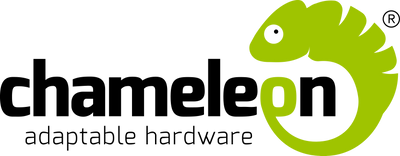 Chameleon Adaptive Hardware logo featuring a bright green stylized chameleon and the words 'chameleon adaptable hardware' on a black background.
